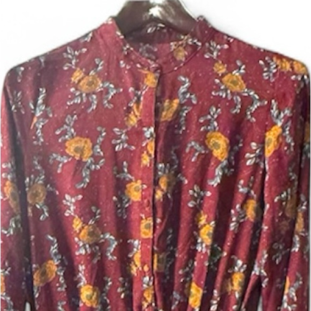 Floral Midi Hi-Lo Dress Long Sleeve Mandarin Collar Burgundy Size M